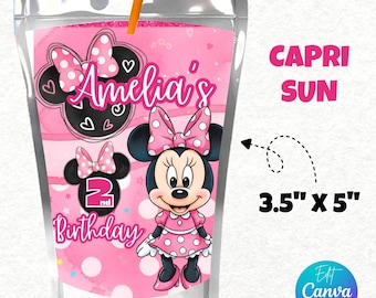 Recuerdos de cumpleaños de Minnie Mouse, imprimibles de cumpleaños de Minnie, etiqueta Capri Sun de Minnie, recuerdo de cumpleaños de Minnie, editable en Canva, 8,9 x 12,7 cm