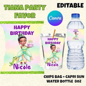 May include: Party favor set featuring a princess graphic with the text "Happy Birthday" and "Nicole". Includes a chips bag, Capri Sun pouch, and water bottle. The water bottle is 8oz.