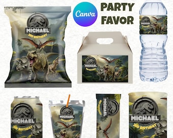 Jurassic Birthday Party Favor Bundle, Dinosaur Printable Labels, Editable Canva Dino Party Kit, Chips Bag, Capri Sun, Soda Can, Pringle More