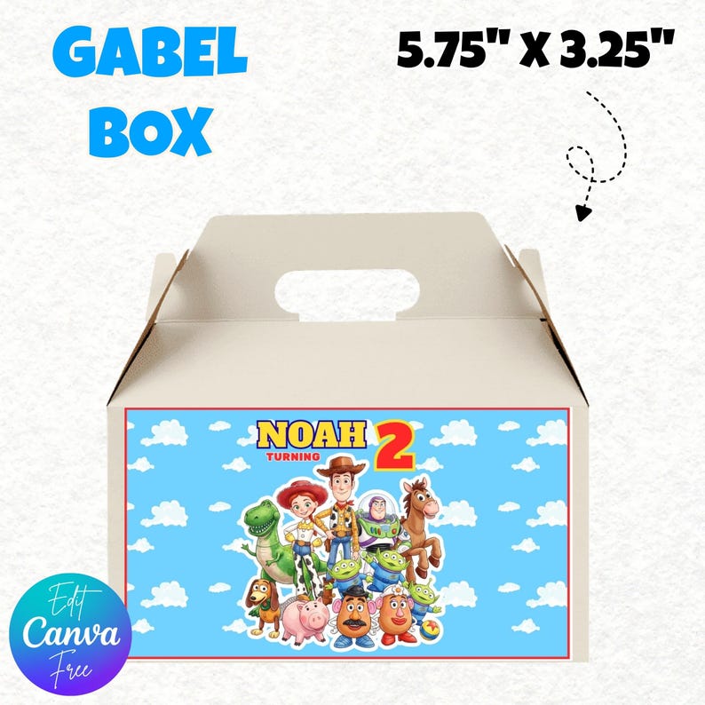 May include: A beige gable box with a handle, featuring a blue background with white clouds and a colorful cartoon character design. The box is 5.75" x 3.25" and has the text "GABEL BOX" and "NOAH 2 TURNING".