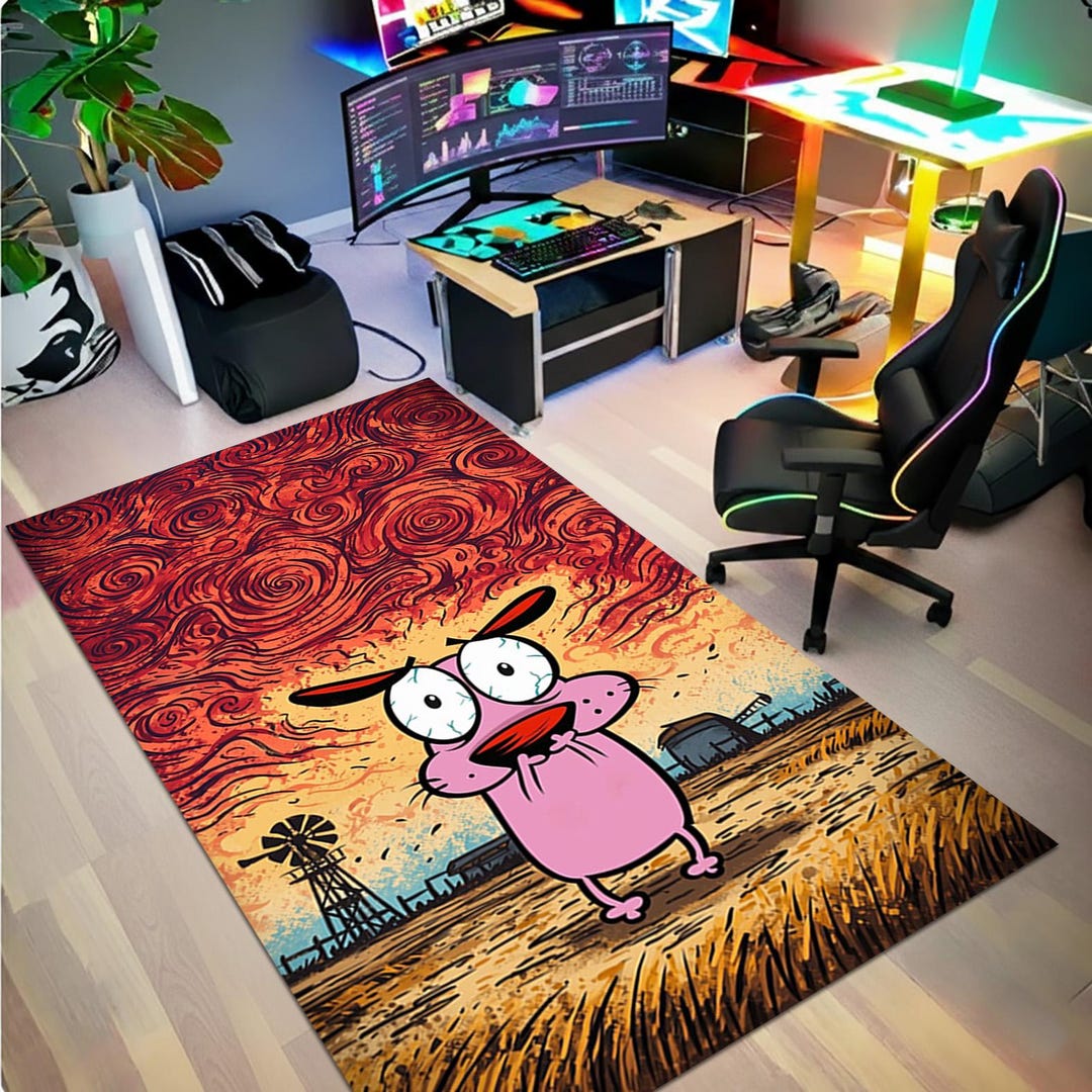 Pink Cartoon Dog Rug, Frightened Animal Mat, Dramatic Sky Accent Carpet ...