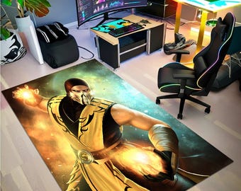 Fighting Game Themed Area Rug, Ninja Warrior Decor, Custom Gamer Floor Mat,Yellow Black Carpet,Fire Power Rug, Console Room Statement Carpet