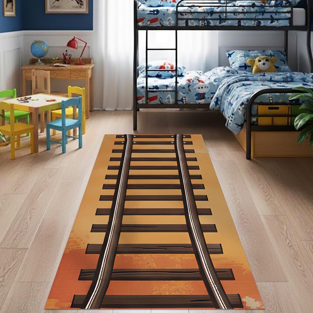 Transportation Rug Sunset Train Runner, Orange Railroad Mat, Simplified Track Art, Kids ...