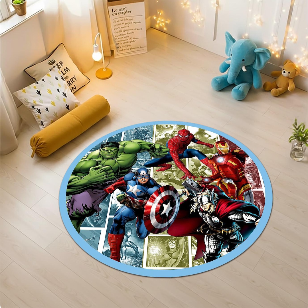 Action Figure Rug Superhero Group Action Round Rug, Comic Book Heroes Illustration Mat ...