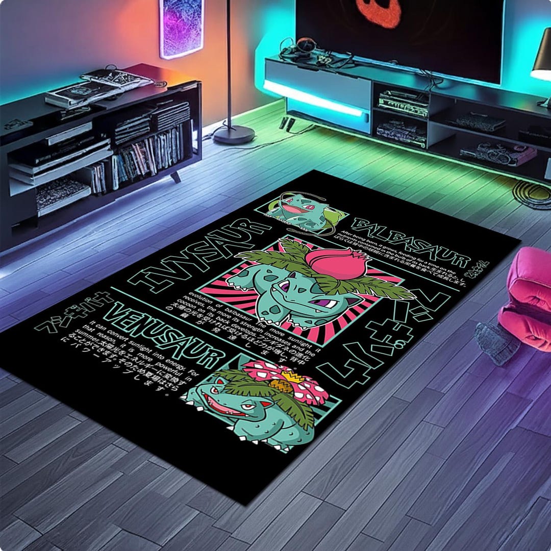 Pixel Monster Rug Green Plant Monster Rug, Starter Creature Mat, Anime Grass Type Carpet ...