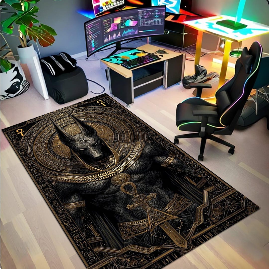 Egyptian Mythology Rug, Dark Jackal God Mat, Ancient Deity Carpet, Gold ...