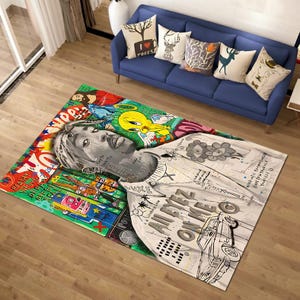 Tapis pop graffiti, décoration musique rap, tapis pour portrait de style urbain, tapis de sol urbain personnalisé, tapis à thème coloré, tapis pour affiches de musicien