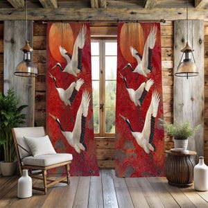 Japanese Crane Curtains, Red Zen Flying Birds Sun Drapes, Oriental Oil Paint Decor