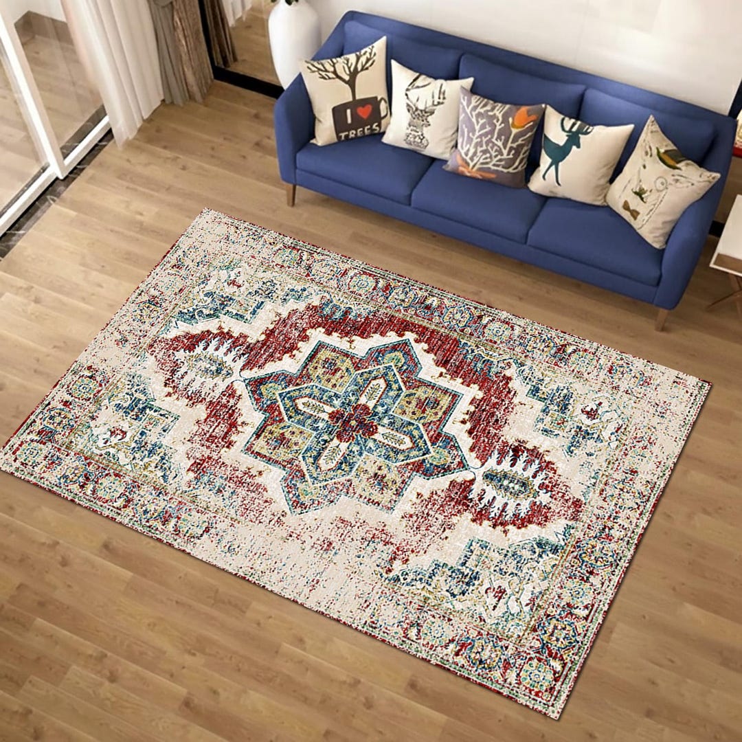 Vintage Medallion Themed Rug, Distressed Bohemian Floor Mat, Faded ...
