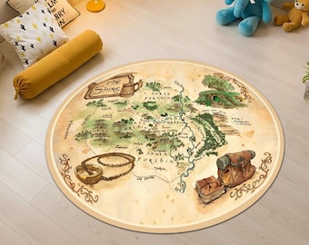 Tappeto dell'Anello, Tappeto del Signore degli Anelli, Tappeto rotondo del Signore degli Anelli, Tappeto decorativo per pavimento con l'Unico Anello e gli Ingranaggi del Viaggio, Tappeto per la camera dei bambini