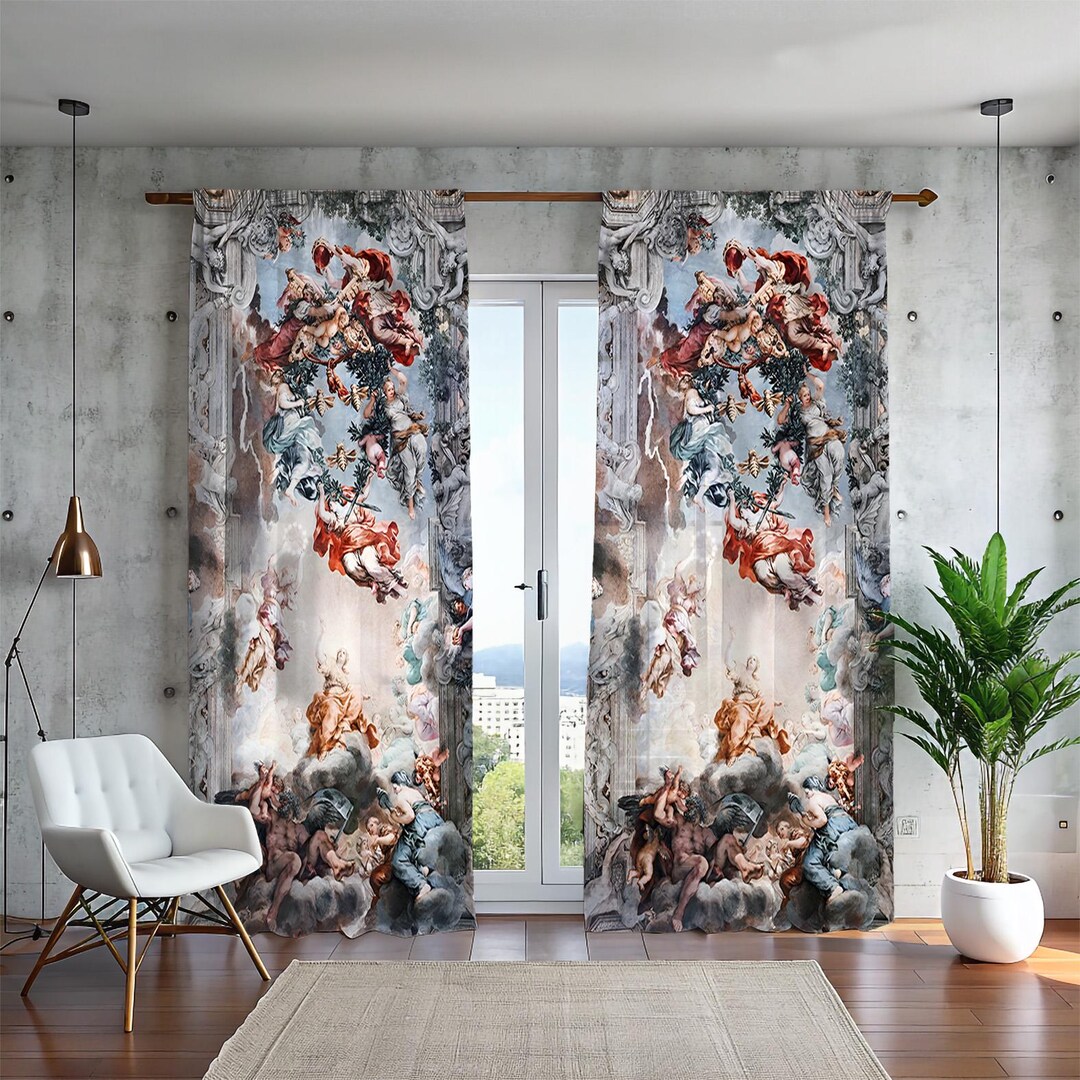 Curtain Renaisance Classical Renaissance Curtain, Baroque Ceiling Fresco Drape, Angelic ...
