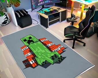 Gamer Room Decor, Green Monster Carpet, Game Character Rug,  Block Themed Area Carpet, Game Mat, Video Gamer Gift Rug ,