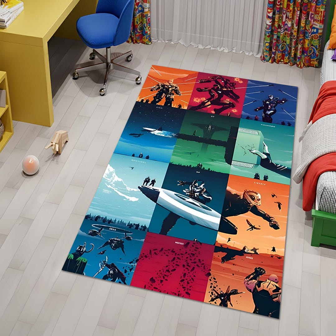 Superhero Themed Area Rug, Sci-fi Action Grid Carpet, Colorful Comic ...