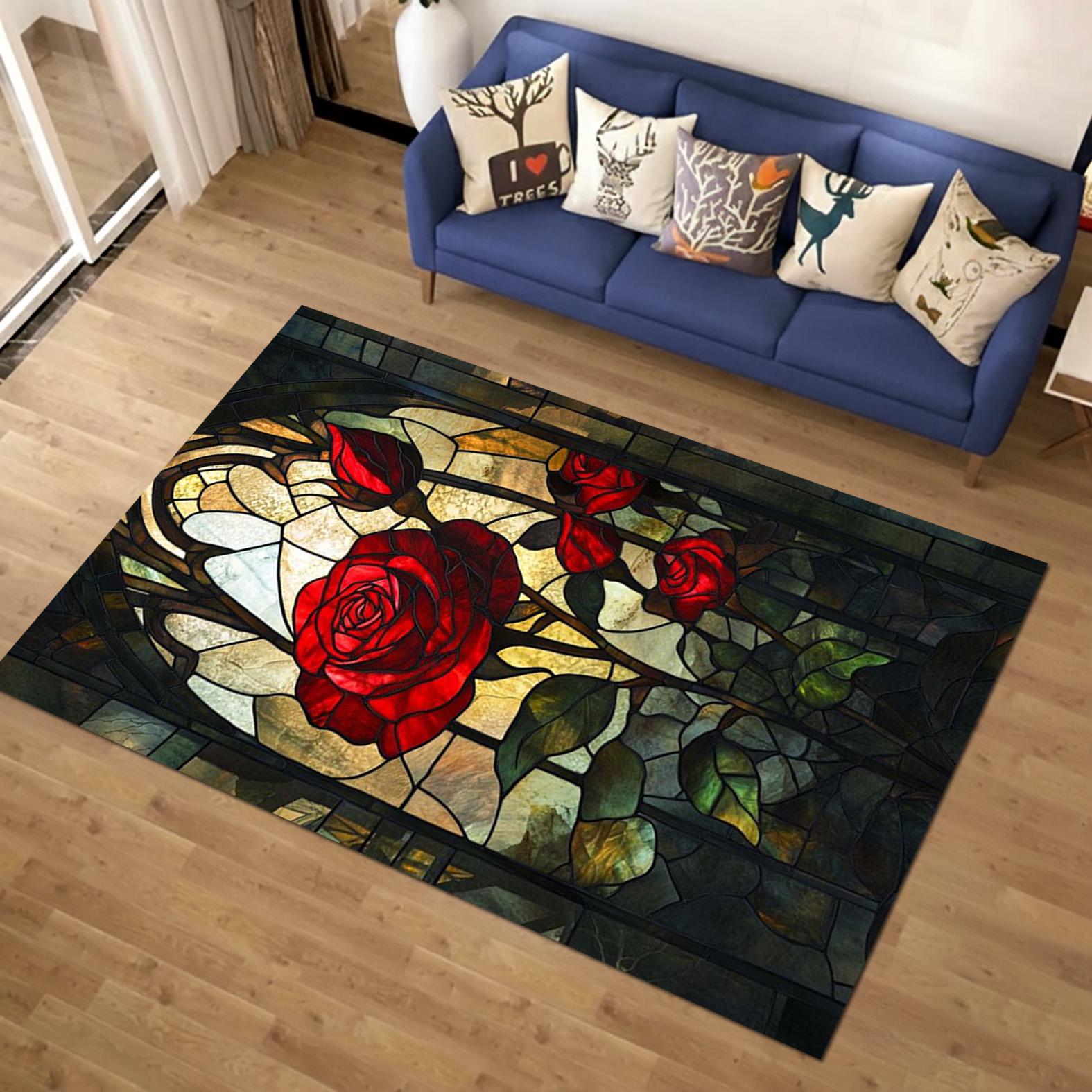 Stained Glass Rug Design Stained Glass Rose Rug, Gothic Art Nouveau Style, Floral Carpet - Etsy