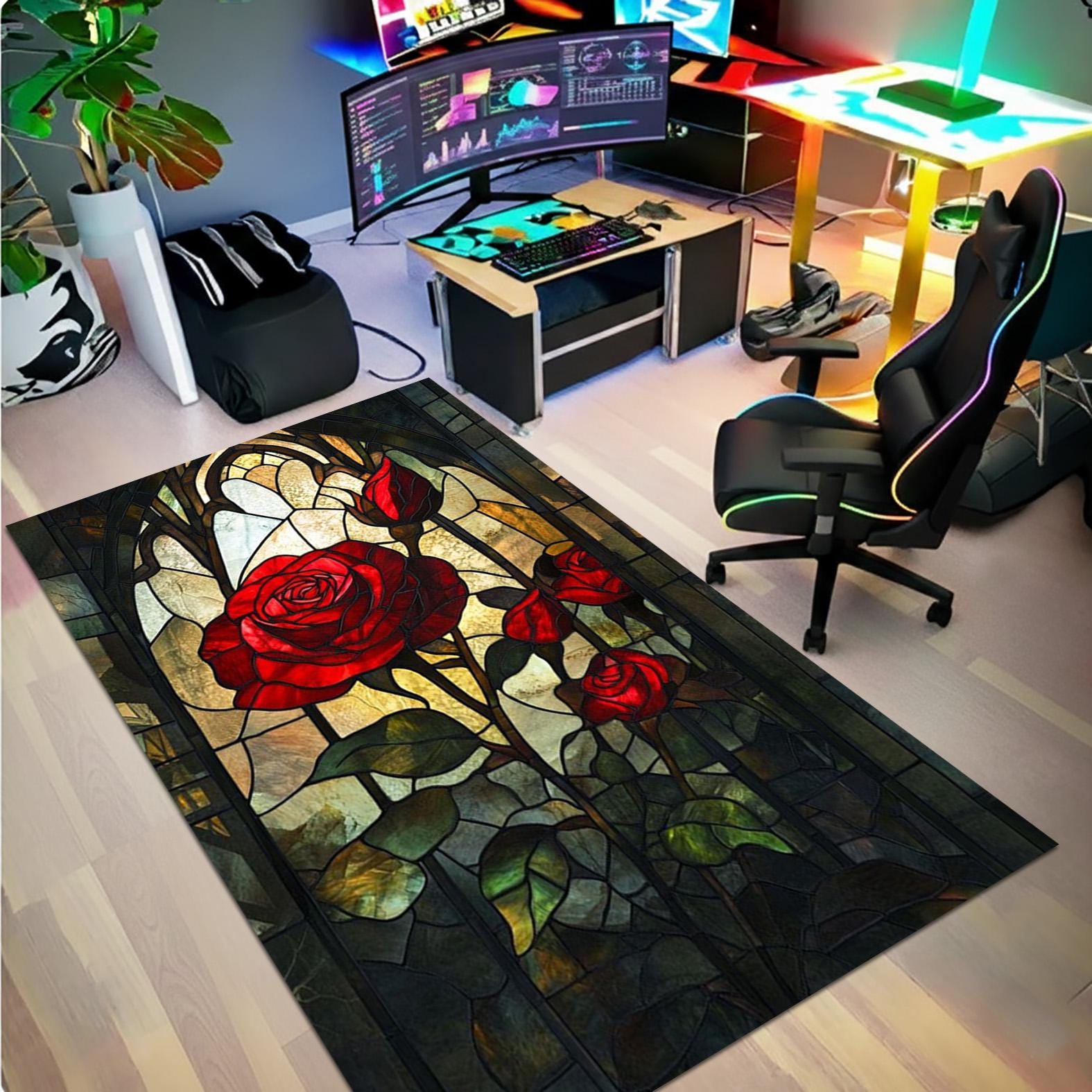 Stained Glass Rug Design Stained Glass Rose Rug, Gothic Art Nouveau Style, Floral Carpet - Etsy