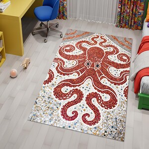 Matta med bläckfiskmosaiktema, dekoration med marint liv, röd kustmatta, kakelmönstermatta, presentmatta med nautiskt tema, specialdesignad golvmatta