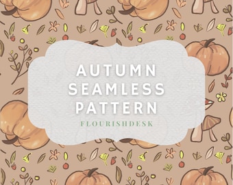 Hand-drawn Autumn Seamless Pattern: pumpkins, flowers, leaves (PNG, JPG digital download)