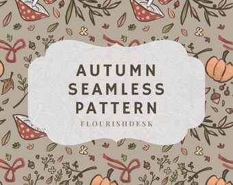 Hand-drawn Autumn Seamless Pattern: Pumpkins, Leaves, Flowers (PNG Digital Download)