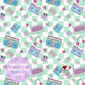 May include: Seamless pattern featuring retro boomboxes, cassette tapes, floppy disks, and hearts on a checkered background. The design includes the text "Love Mix Vol. 1" on some tapes, and "Hand Drawn Seamless File 300 DPI".