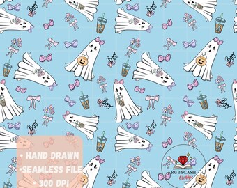 Cute Ghost Coquette with iced coffee seamless pattern