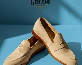 Handmade Beige Suede Penny Loafers for Men – Soft Leather Casual Slip-On Shoes | Men’s Luxury Formal Dress Shoes