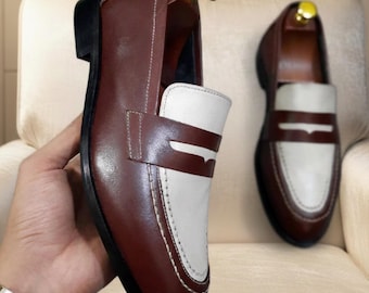 Handmade Two-Tone Leather Penny Loafers – Slip-On Brown & Ivory Men’s Dress Shoes