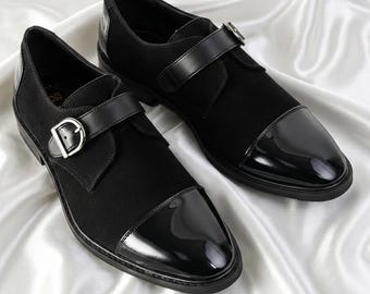 Handmade Black Suede Leather Monk Strap Shoes for Men | Cap Toe Slip-On Loafers | Luxury Dress Shoes