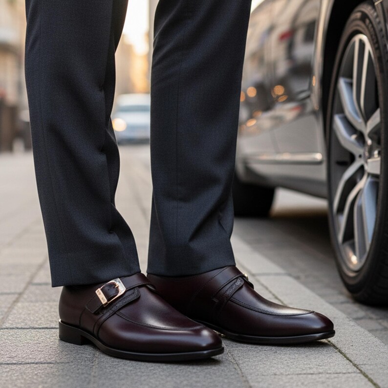 Pode incluir: Sapatos sociais de couro bord&ocirc; com fivela e detalhe de tira dourada. Os sapatos s&atilde;o combinados com cal&ccedil;as de fato-macaco cinza escuro. A imagem &eacute; tirada ao ar livre, com um carro e uma rua ao fundo.
