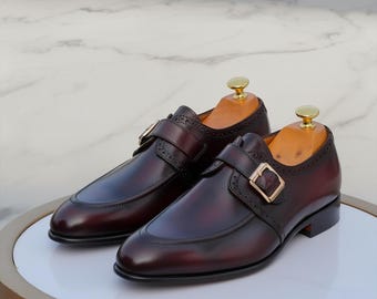 Handmade Men’s  Brown Leather Single Monk Strap Shoes – Formal Dress Shoes – Wedding & Business Leather Footwear