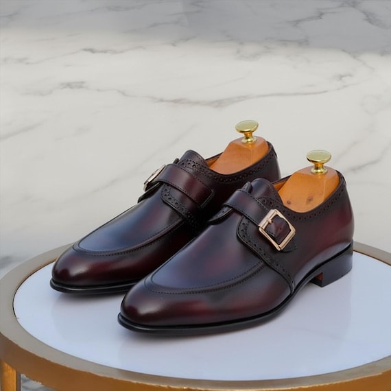 Handmade Men’s  Brown Leather Single Monk Strap Shoes – Formal Dress Shoes – Wedding & Business Leather Footwear