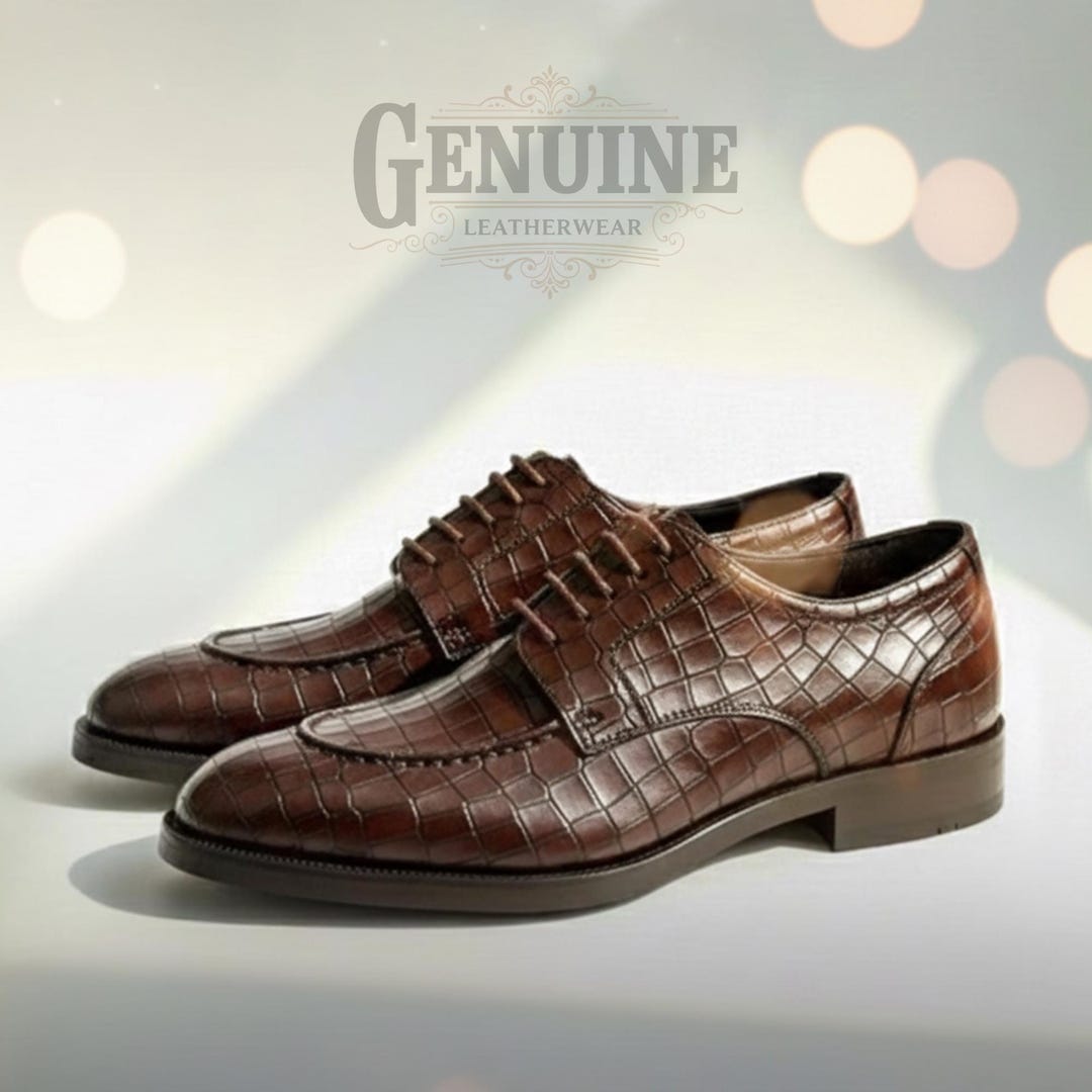Men\'s Brown Croc-Embossed Leather Lace-Up Oxfords Men main image 2