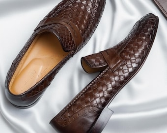 Handmade Brown Woven Leather Loafers for Men – Luxury Slip-On Formal Shoes | Italian Style Dress Shoes