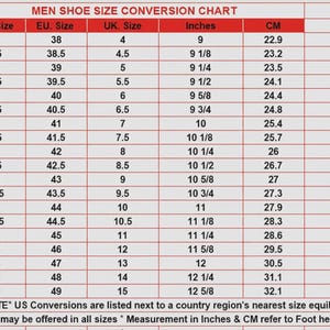 May include: A shoe size conversion chart for men, with US, EU, and UK sizes, inches, and centimeters. The chart includes sizes from US 5 to 16, with corresponding EU, UK, inch, and cm measurements. The text at the top reads "MEN SHOE SIZE CONVERSION CHART."