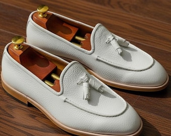 Handmade White Leather Tassel Loafers for Men – Luxury Slip-On Formal Dress Shoes