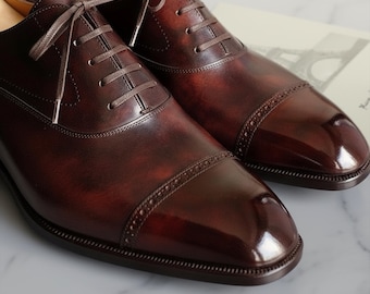 Handmade Shiny Maroon Leather Cap Toe Oxford Shoes for Men | Luxury Formal Dress Shoes | Custom Made Party & Office Footwear
