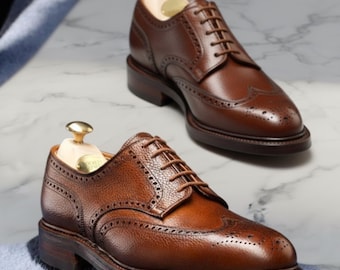 Handmade Genuine Bespoke Men’s Brown Grain Leather Lace Up Wingtip Derby Brogue Formal Shoes