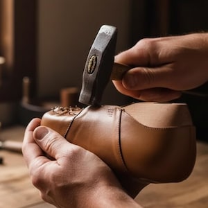 Puede incluir: Una parte superior de zapato de cuero color canela montada sobre una horma de madera, trabajada con un martillo de metal. El zapato presenta costuras visibles a lo largo de las uniones y varios clavos met&aacute;licos peque&ntilde;os en el cuero.