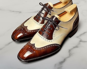 Op maat gemaakte tweekleurige leren brogueschoenen met vleugeltip voor heren – handgemaakte formele heren | Geklede schoenen
