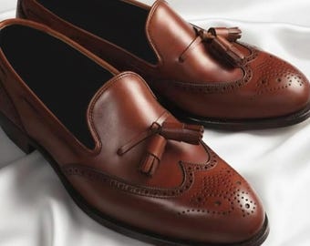 Handmade Brown Leather Tassel Loafers for Men – Wingtip Brogue Slip-On Formal Dress Shoes