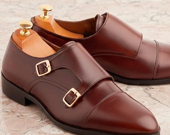 Handmade Tan Leather Cap Toe Double Monk Strap Shoes for Men – Formal, Wedding & Business Wear