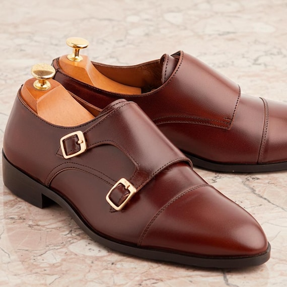 Handmade Tan Leather Cap Toe Double Monk Strap Shoes for Men – Formal, Wedding & Business Wear
