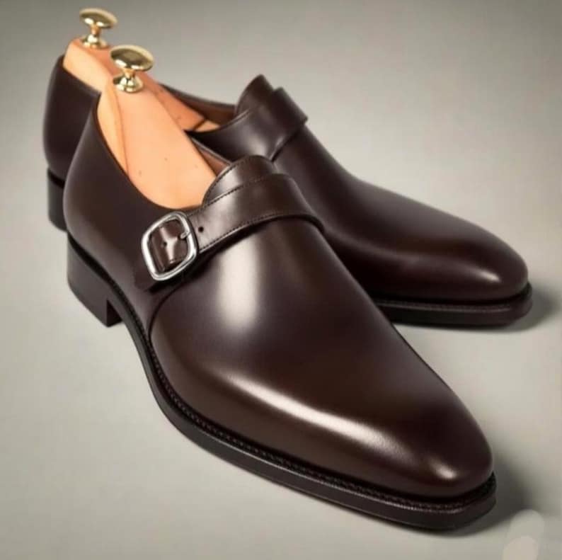 Handmade Brown Leather Single Monk Strap – Men’s Luxury Formal Dress Shoes image 1