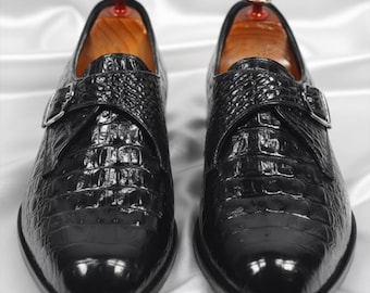 Handgefertigte schwarze Alligator Krokodilleder geprägte Single Monk Strap Schuhe - Luxus Slip-On Dress Schuhe für Männer