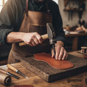 Puede incluir: Una pieza de cuero marr&oacute;n con perforaciones decorativas trabajada con un martillo de metal y una herramienta puntiaguda. El cuero se coloca sobre un bloque de piedra grueso y oscuro. Otras herramientas de cuero, incluido un cincel, est&aacute;n en la mesa.