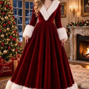 May include: A floor-length deep red velvet gown featuring a V-neckline, long sleeves with white faux fur cuffs, and a wide white faux fur hem. The dress is paired with a matching red velvet Santa hat with a white faux fur trim and a white pom-pom.