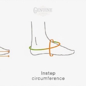May include: Diagram illustrating how to measure a foot for shoe sizing. The image shows three foot outlines with labeled measurements: foot length, instep circumference, and joint circumference. The word "Genuine" is at the top.