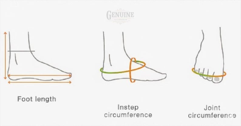 May include: Diagram illustrating how to measure a foot for shoe sizing. The image shows three foot outlines with labeled measurements: foot length, instep circumference, and joint circumference. The word "Genuine" is at the top.