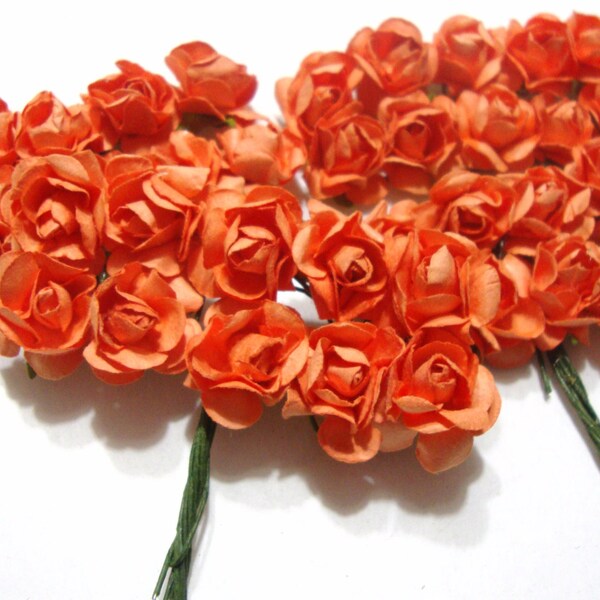 Small Orange Mulberry Paper Roses Flowers - 4 Bunches