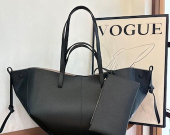 Italian Leather Tote Bag: Elegant Black Handbag, Large or small size