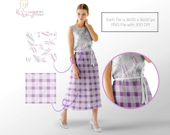 Lavender Floral Seamless Pattern Set | Purple Botanical Gingham | 300 DPI 12" x 12" | DIGITAL ONLY